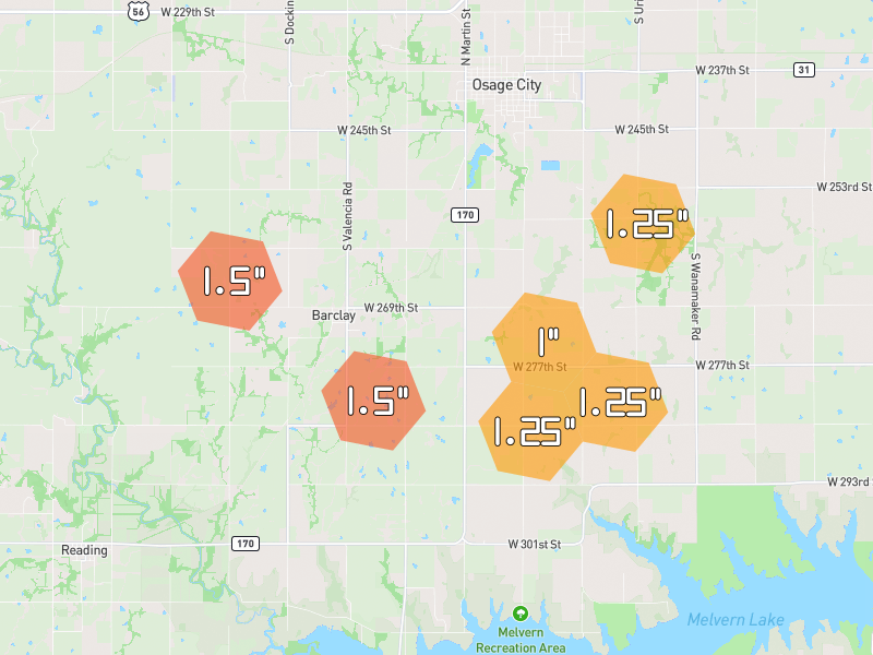 Hail map of Osage City, KS on Jun 9, 2026, hail up to 1.5"