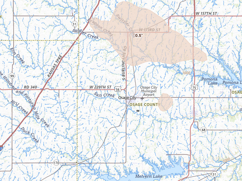 Radar-estimated hail-size map of the storm over Osage City, KS