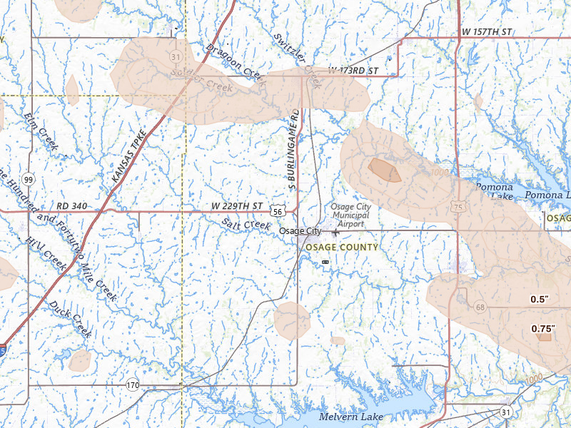 Radar-estimated hail-size map of the storm over Osage City, KS on Jul 4, 2026