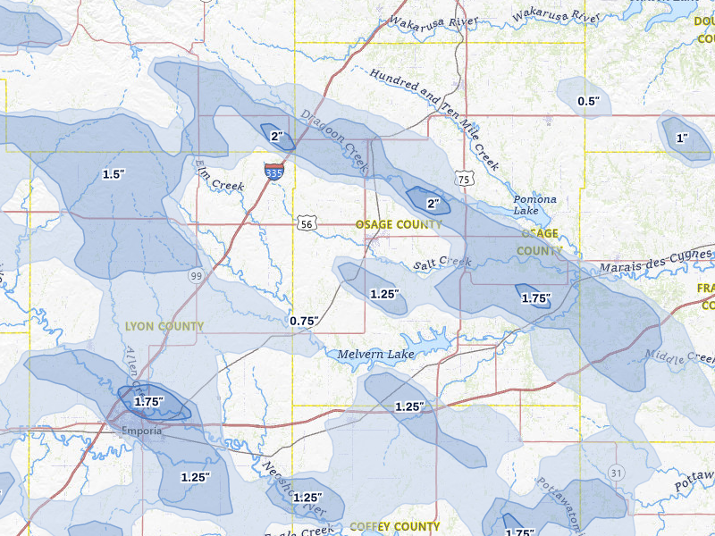 NEXRAD radar-signature map of the hail over Osage City, KS