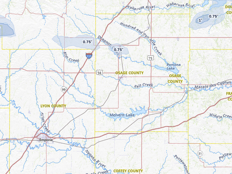 NEXRAD radar-signature map of the hail storm over Osage City, KS on Jul 9, 2026