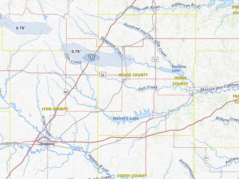 NEXRAD radar-signature map of the hail storm over Osage City, KS on Jul 23, 2026