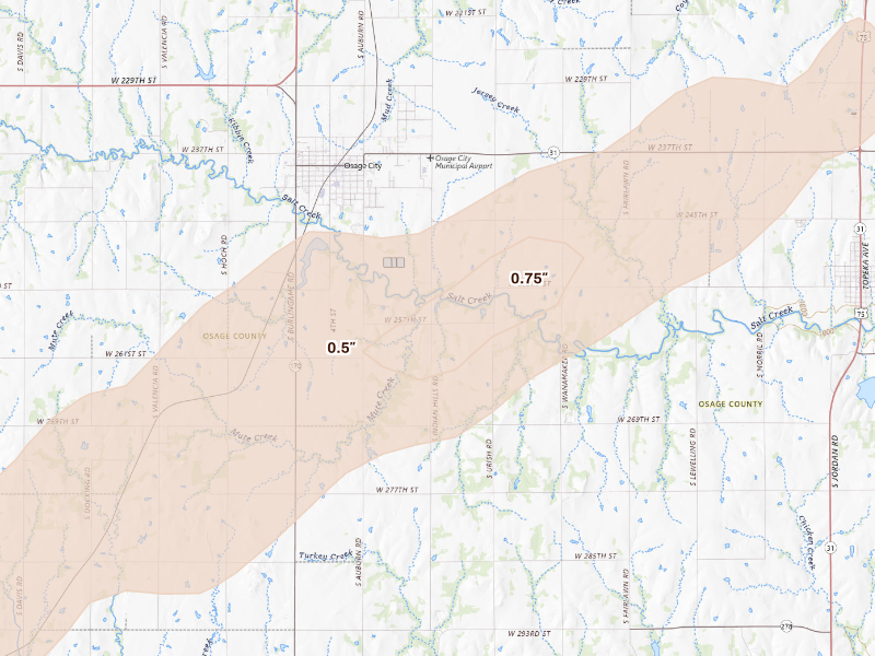 Radar-estimated hail-size map of the storm over Osage City, KS