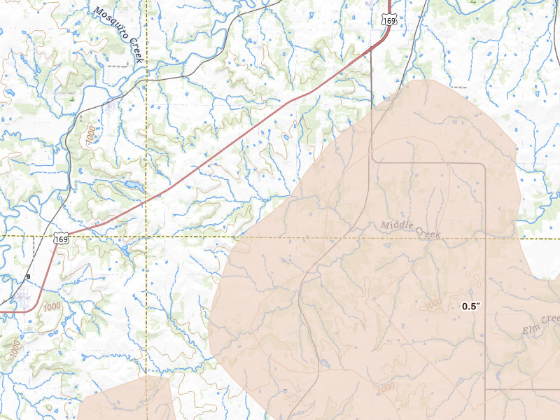 Radar-estimated hail-size map of the storm over Osawatomie, KS on Apr 26, 2026