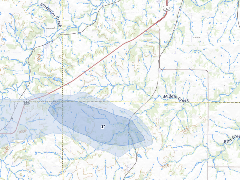 NEXRAD radar-signature map of the hail storm over Osawatomie, KS on May 8, 2026