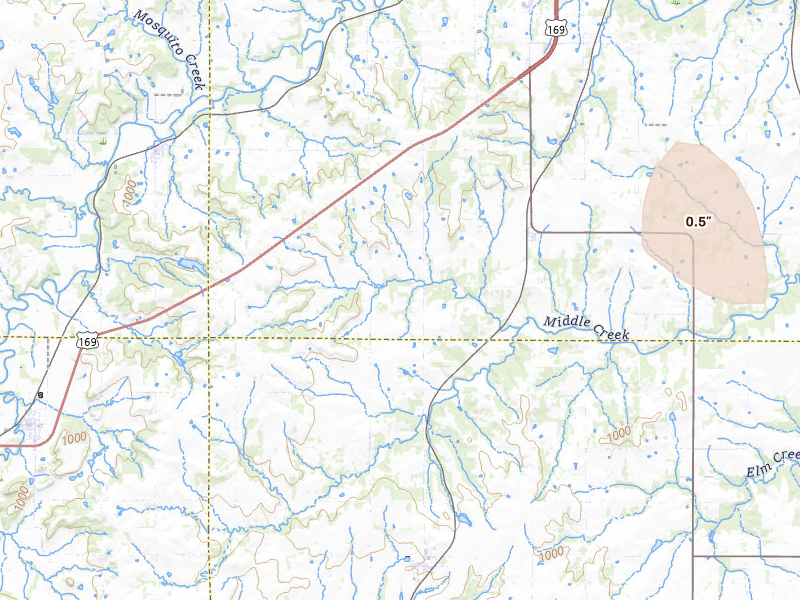 Radar-estimated hail-size map of the storm over Osawatomie, KS on May 29, 2026