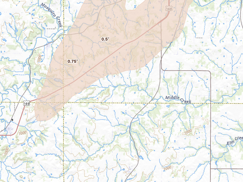 Radar-estimated hail-size map of the storm over Osawatomie, KS on May 30, 2026