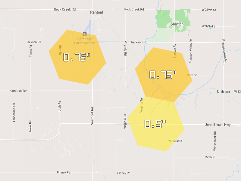 Hail map of Osawatomie, KS on Jun 9, 2026, hail up to 0.75"