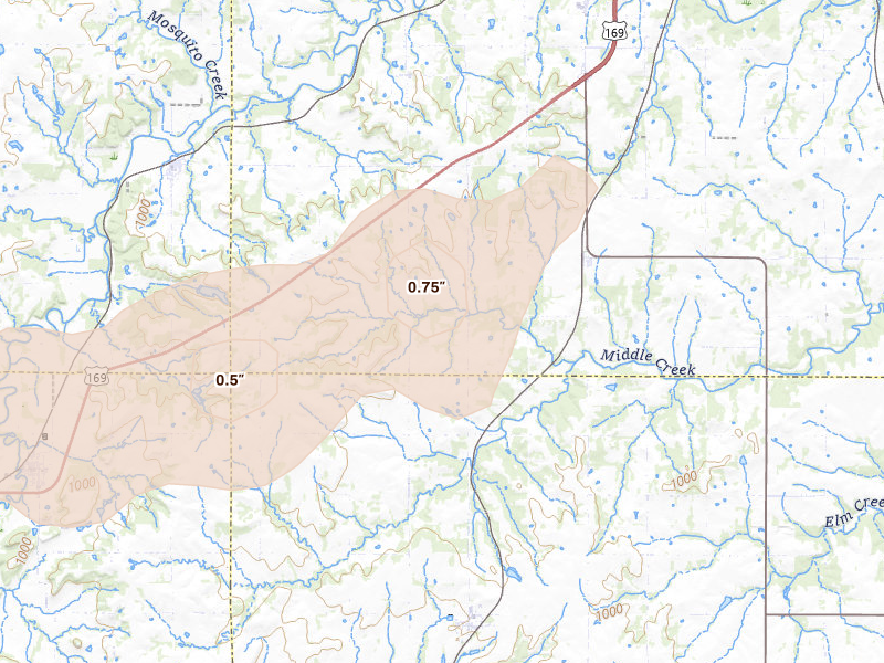 Radar-estimated hail-size map of the storm over Osawatomie, KS on Aug 5, 2026