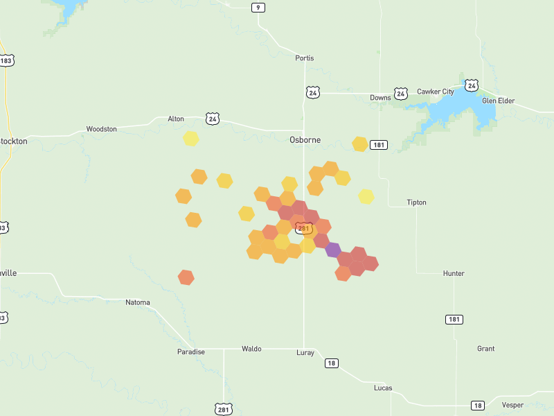 Hail map of Osborne, KS on Jun 9, 2026, hail up to 3"