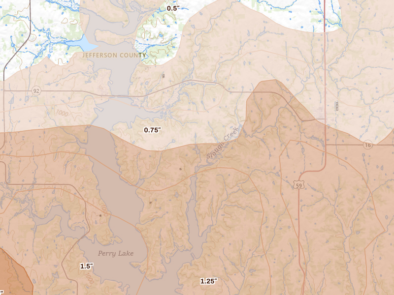 Radar-estimated hail-size map of the storm over Oskaloosa, KS on Apr 26, 2026