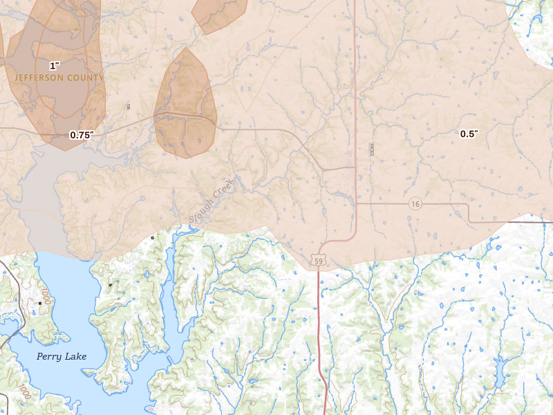 Radar-estimated hail-size map of the storm over Oskaloosa, KS on Aug 18, 2026