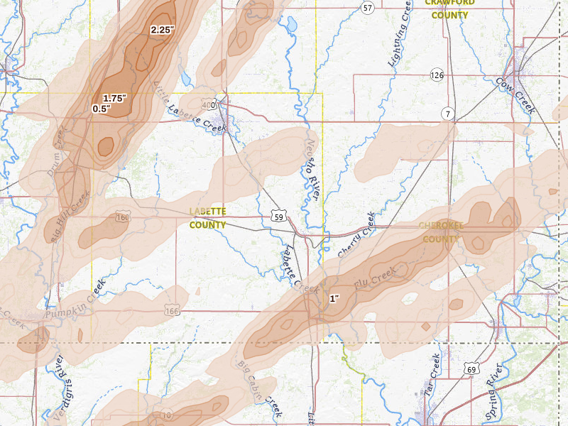 Radar-estimated hail-size map of the storm over Oswego, KS