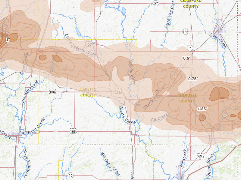 Radar-estimated hail-size map of the storm over Oswego, KS on Apr 26, 2026