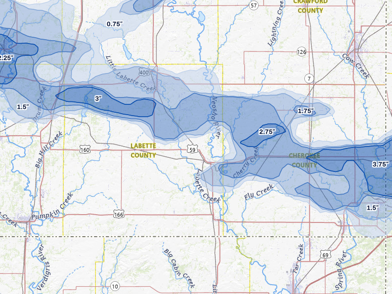 NEXRAD radar-signature map of the hail over Oswego, KS