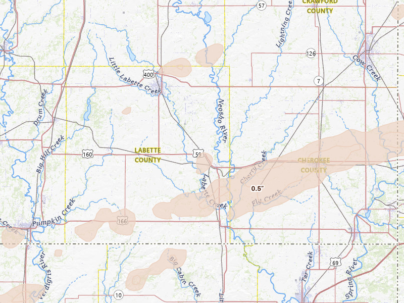 Radar-estimated hail-size map of the storm over Oswego, KS on Apr 28, 2026