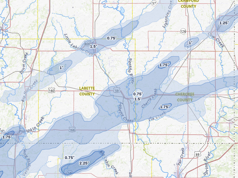 NEXRAD radar-signature map of the hail storm over Oswego, KS on Apr 28, 2026