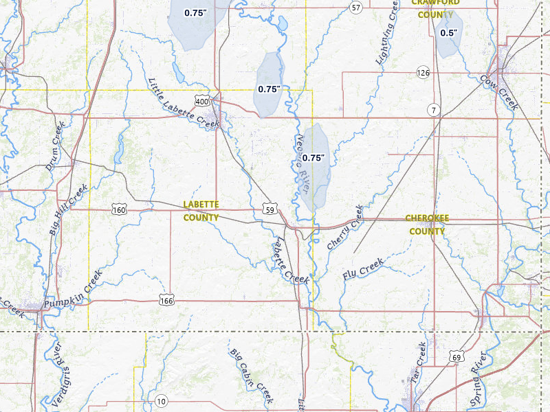 NEXRAD radar-signature map of the hail storm over Oswego, KS on May 18, 2026