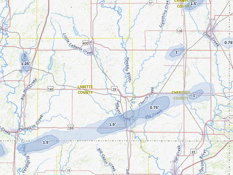 NEXRAD radar-signature map of the hail storm over Oswego, KS on May 30, 2026