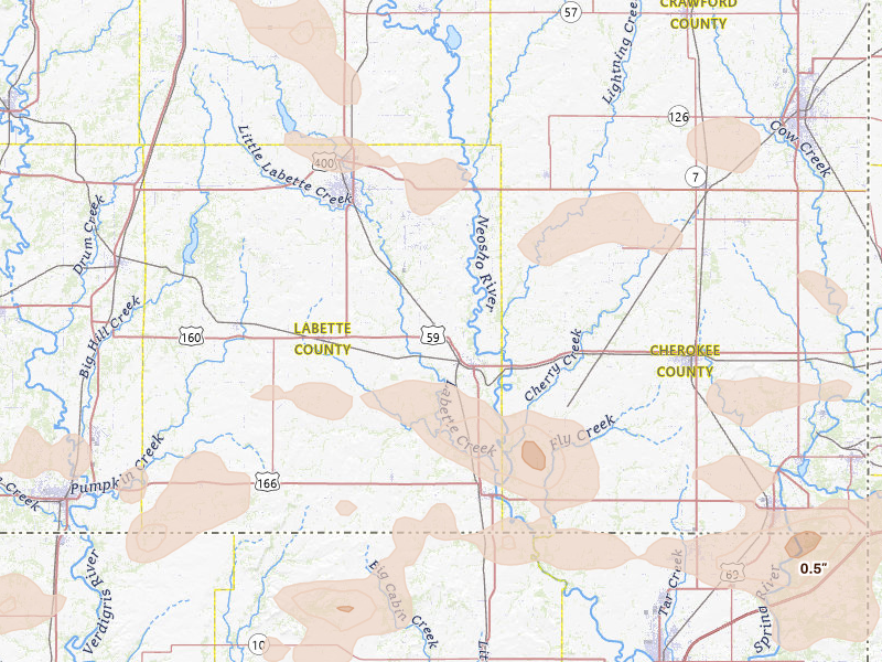 Radar-estimated hail-size map of the storm over Oswego, KS on Jun 7, 2026