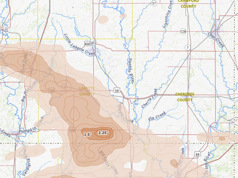 Radar-estimated hail-size map of the storm over Oswego, KS on Jun 11, 2026