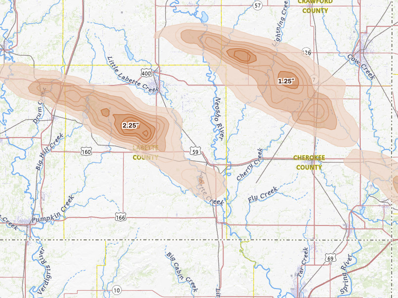 Radar-estimated hail-size map of the storm over Oswego, KS on Jun 25, 2026