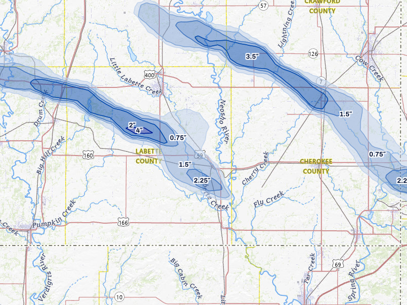 NEXRAD radar-signature map of the hail storm over Oswego, KS on Jun 25, 2026