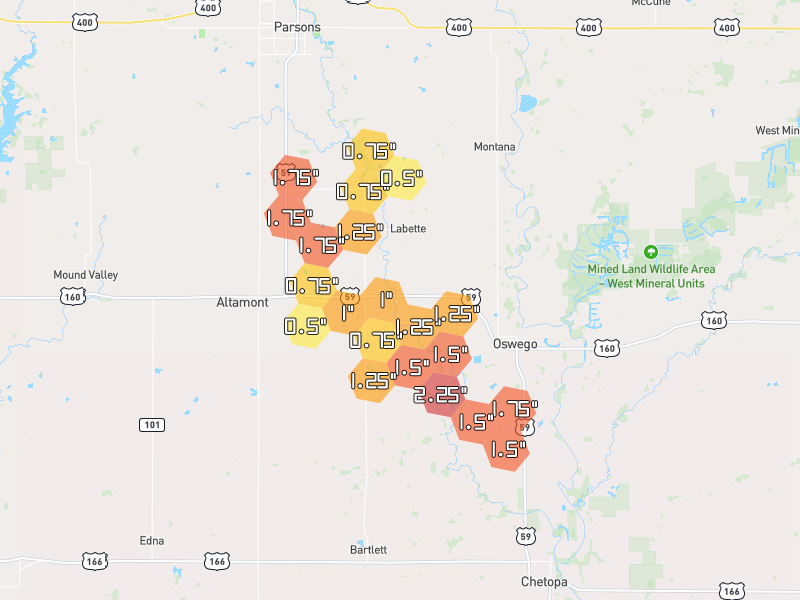 Hail map of Oswego, KS on Jun 26, 2026, hail up to 2.25"