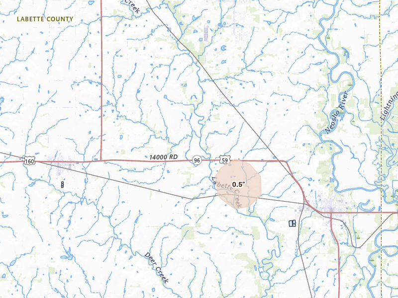 Radar-estimated hail-size map of the storm over Oswego, KS
