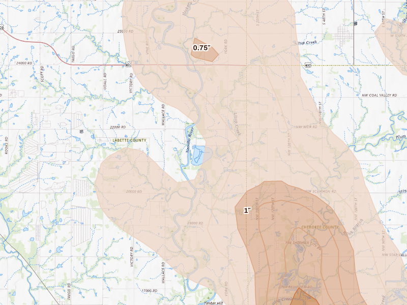 Radar-estimated hail-size map of the storm over Oswego, KS