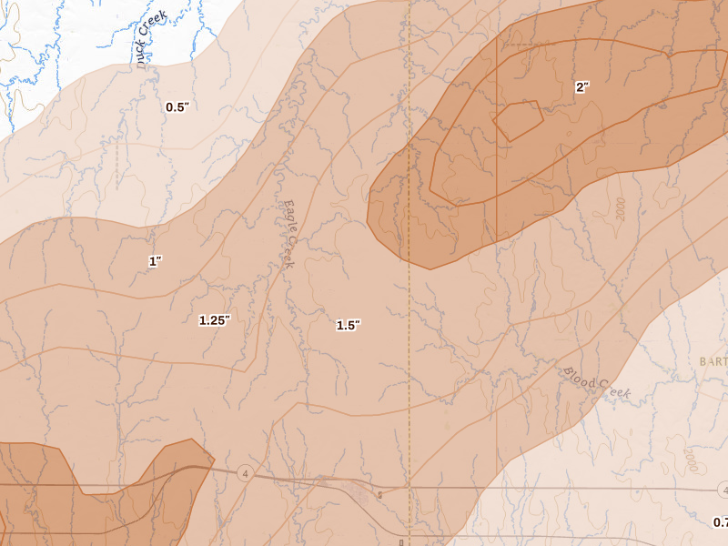 Radar-estimated hail-size map of the storm over Otis, KS on May 17, 2026