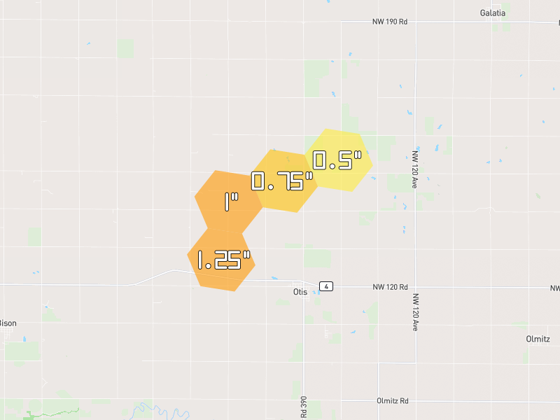 Hail map of Otis, KS on Jun 9, 2026, hail up to 1.25"