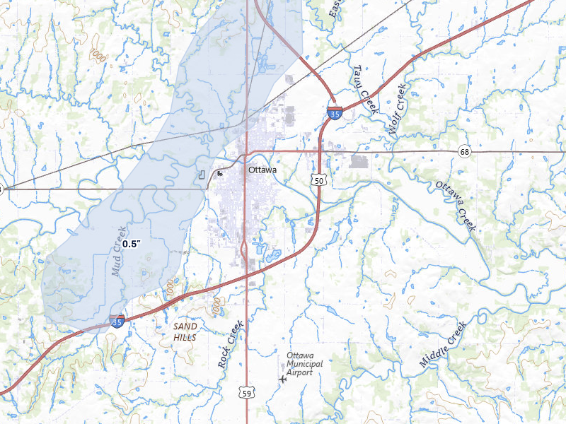 NEXRAD radar-signature map of the hail storm over Ottawa, KS on Mar 5, 2026