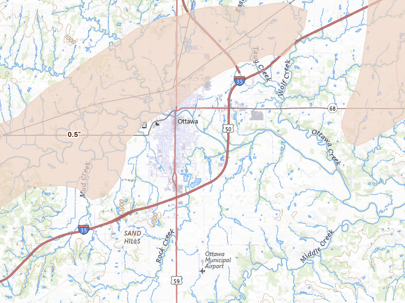Radar-estimated hail-size map of the storm over Ottawa, KS on Mar 10, 2026