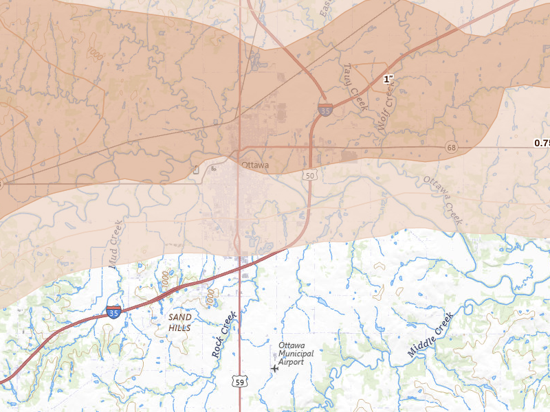 Radar-estimated hail-size map of the storm over Ottawa, KS