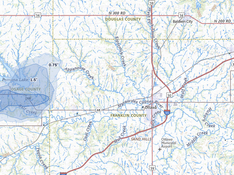 NEXRAD radar-signature map of the hail storm over Ottawa, KS on Apr 13, 2026