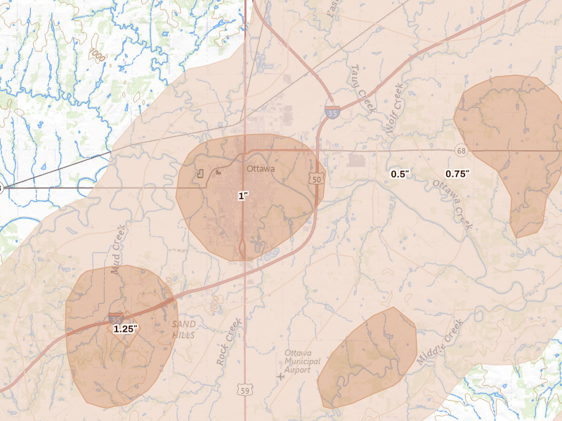 Radar-estimated hail-size map of the storm over Ottawa, KS on Apr 17, 2026