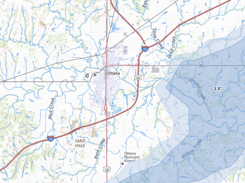 NEXRAD radar-signature map of the hail over Ottawa, KS