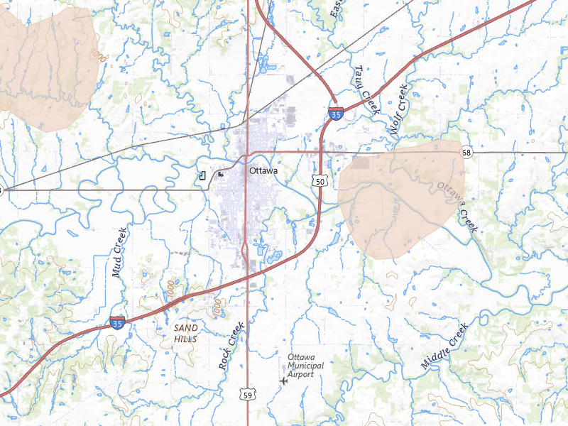 Radar-estimated hail-size map of the storm over Ottawa, KS on Apr 26, 2026