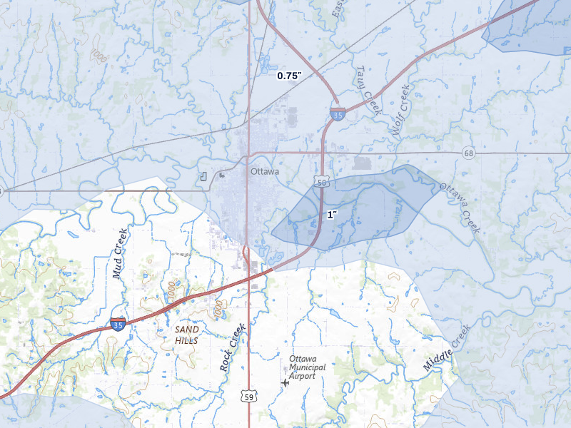 NEXRAD radar-signature map of the hail over Ottawa, KS
