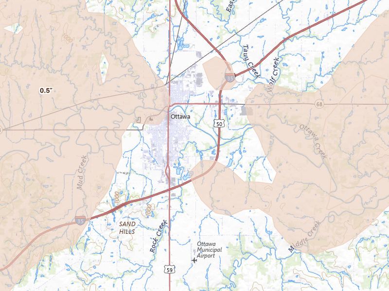 Radar-estimated hail-size map of the storm over Ottawa, KS on May 30, 2026