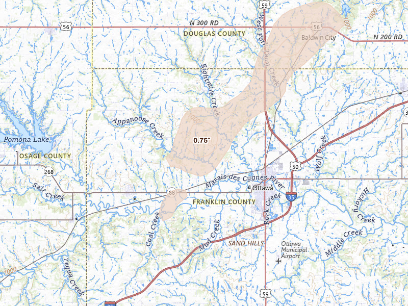 Radar-estimated hail-size map of the storm over Ottawa, KS