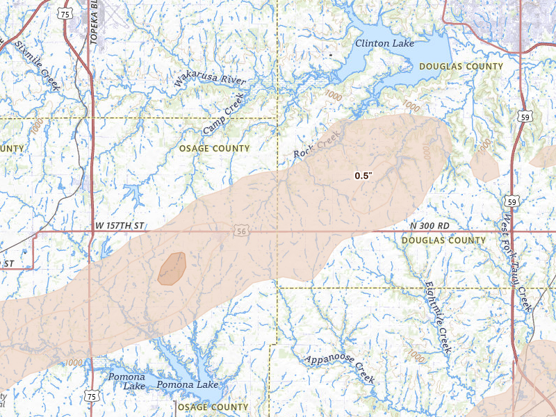 Radar-estimated hail-size map of the storm over Overbrook, KS on Apr 17, 2026
