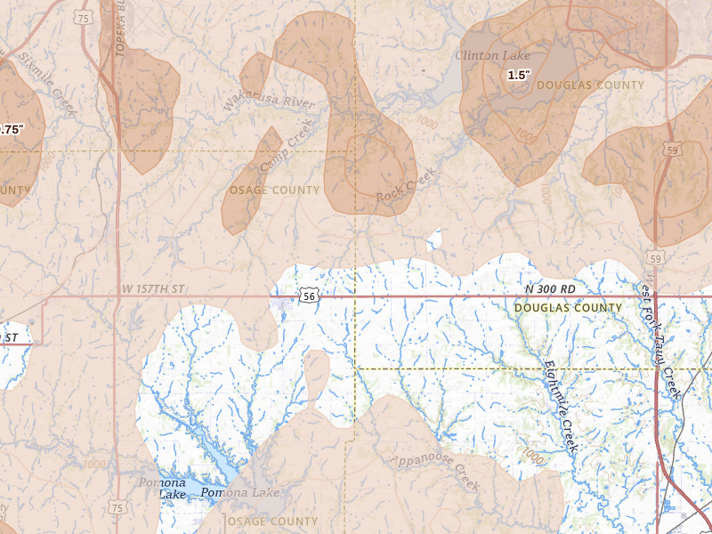 Radar-estimated hail-size map of the storm over Overbrook, KS on Apr 26, 2026