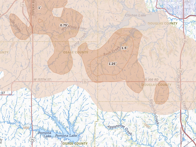 Radar-estimated hail-size map of the storm over Overbrook, KS on Jun 8, 2026