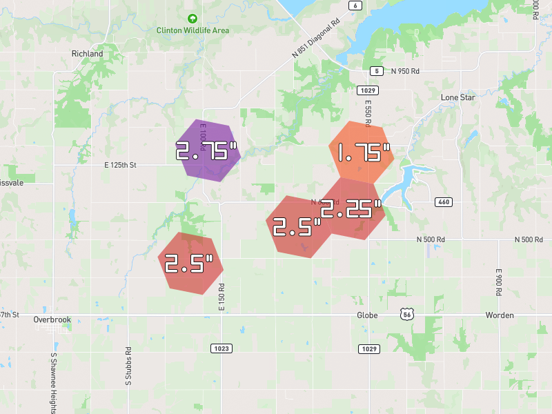 Hail map of Overbrook, KS on Jun 9, 2026, hail up to 2.75"