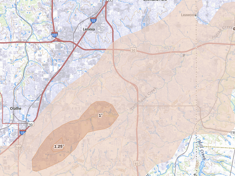 Radar-estimated hail-size map of the storm over Overland Park, KS on Mar 10, 2026