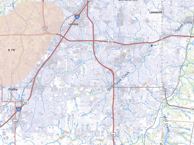 Radar-estimated hail-size map of the storm over Overland Park, KS on Apr 17, 2026