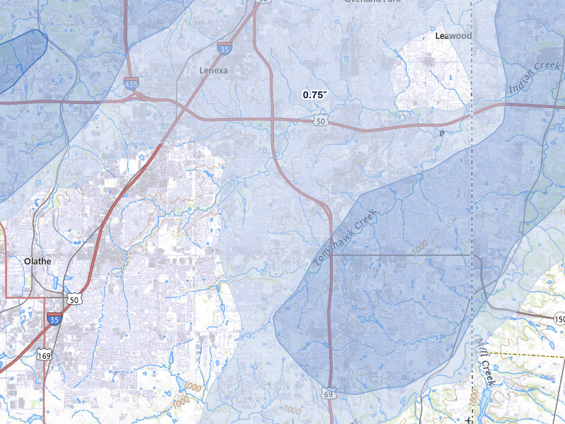NEXRAD radar-signature map of the hail over Overland Park, KS