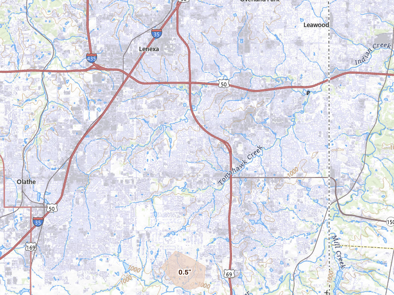 Radar-estimated hail-size map of the storm over Overland Park, KS on Apr 23, 2026